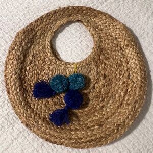 Round Raffia Handbag with Blue/Green Tassels